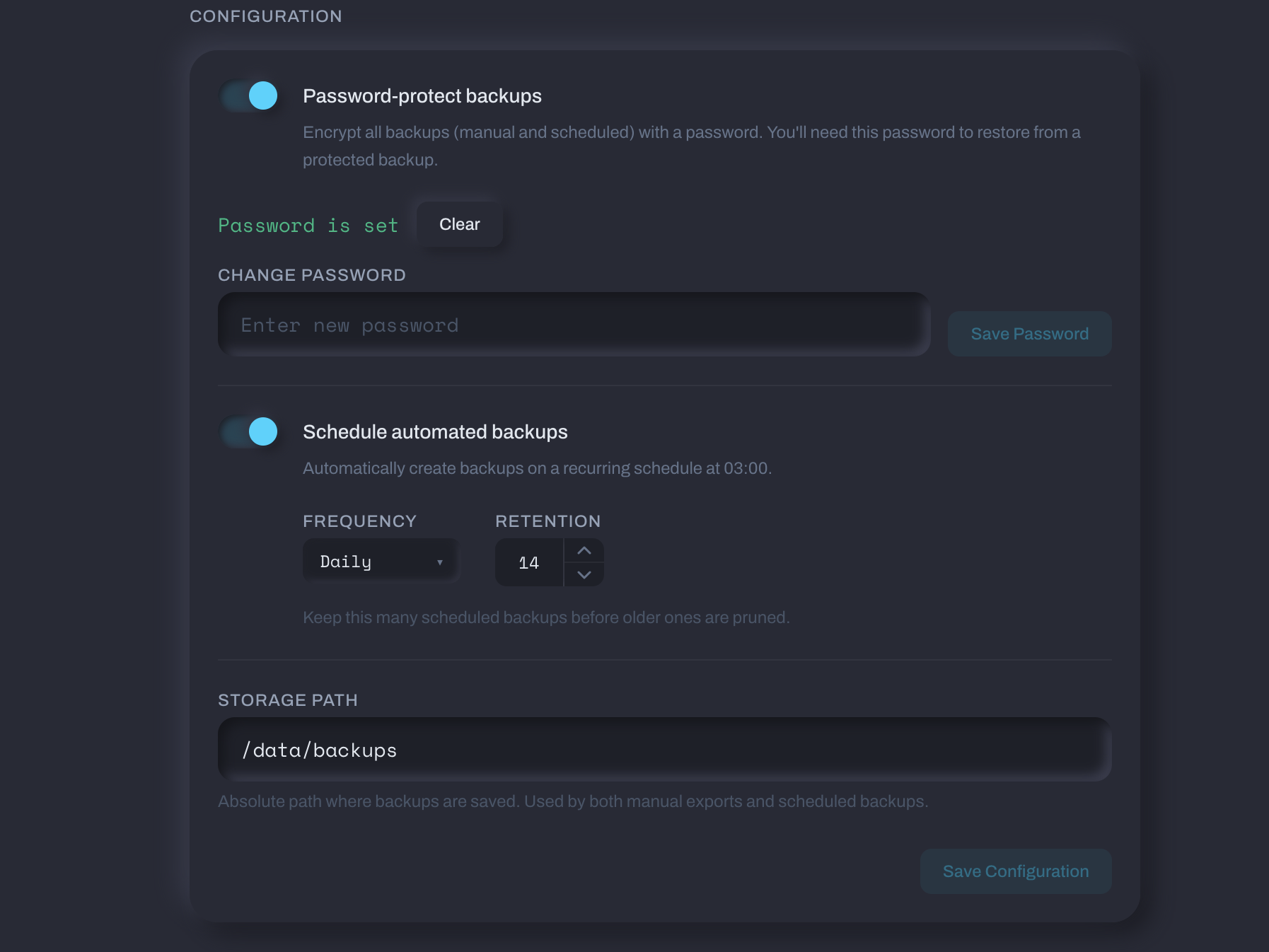 Backup configuration — encryption, scheduling, and storage path