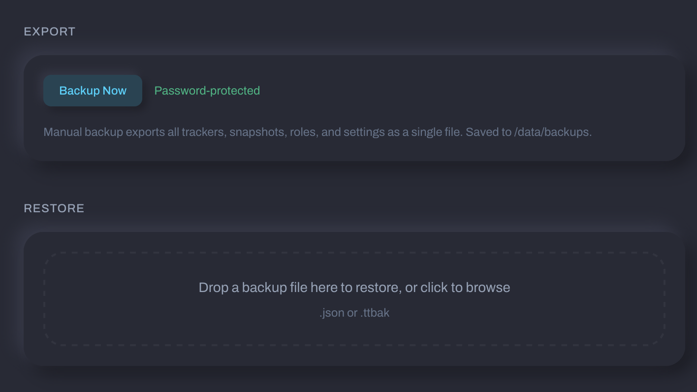 Backup export and restore UI