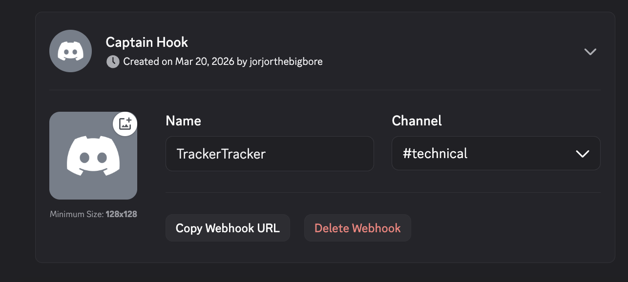 Discord webhook setup showing name and channel